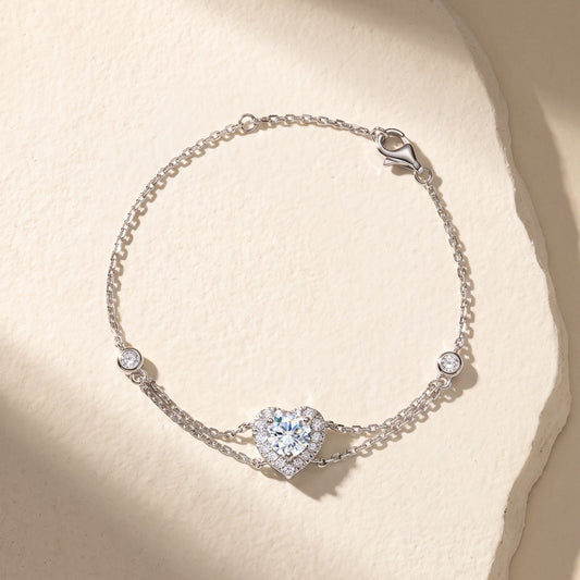 Round Diamond Heart Halo Double Chain Lab Grown Diamond Bracelet - Triple Jewelry