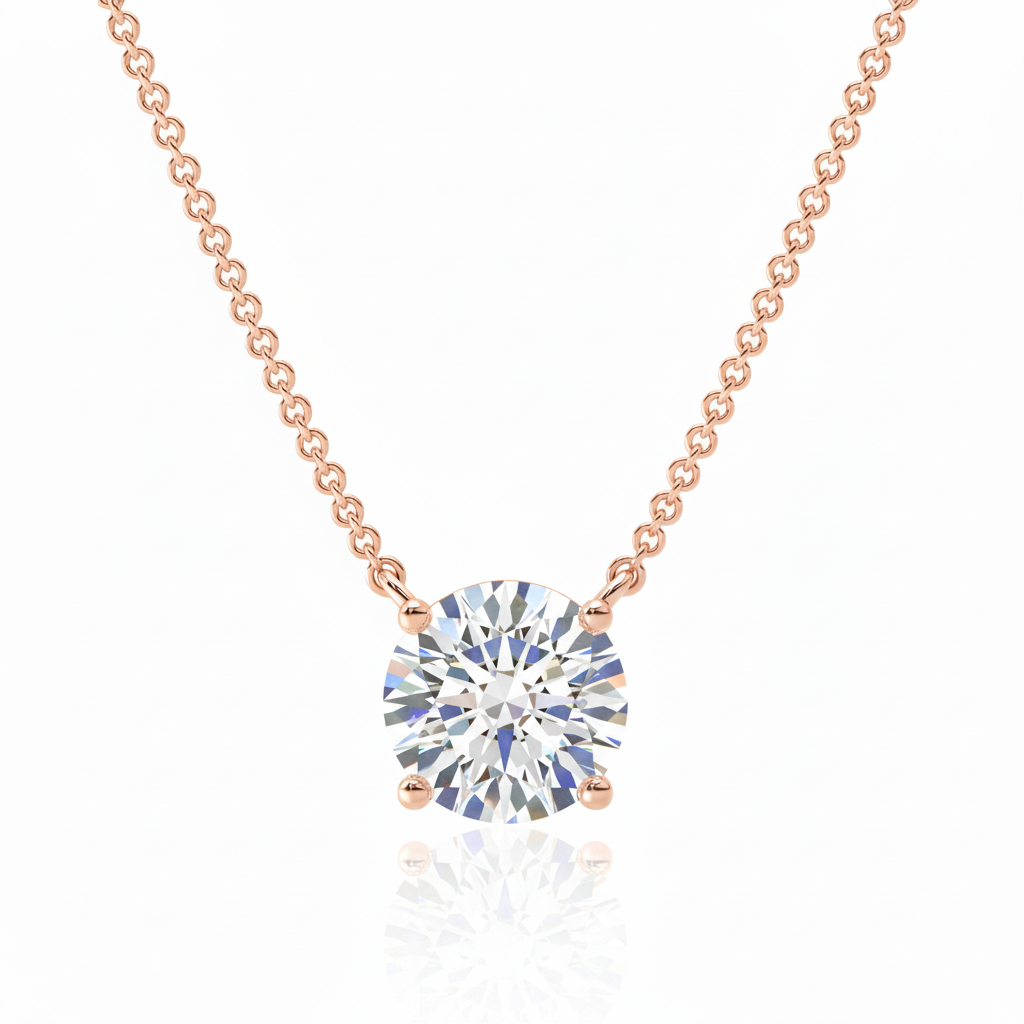 Triple Jewelry 經典四爪圓形實驗室培育鑽石項鍊,玫瑰金細緻鍊條設計,展現簡約奢華風格。