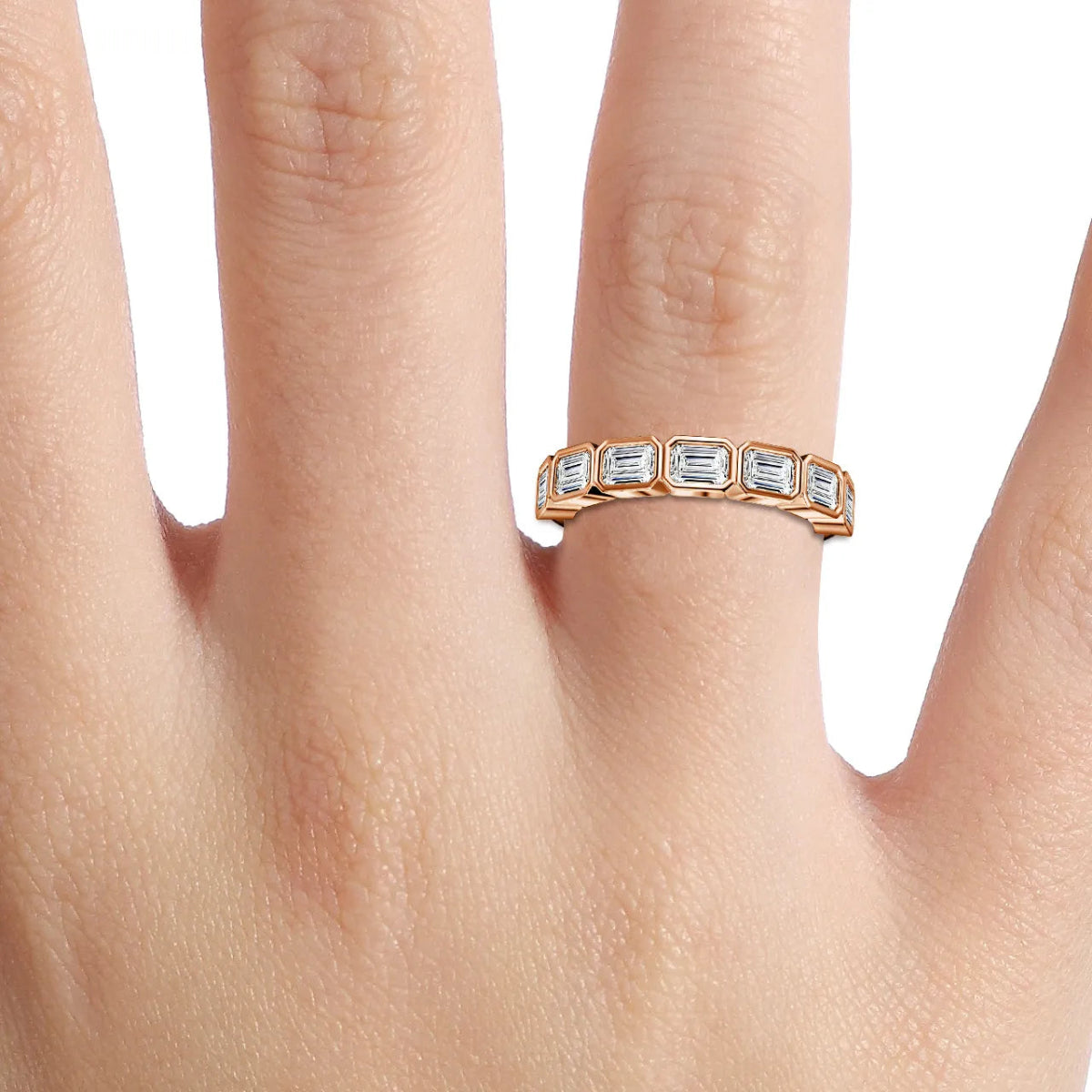 18K Rose Gold Emerald Cut Lab Grown Diamond 7 Stone Bezel Set Half Eternity Ring 1.05 - 1.75ct - Triple