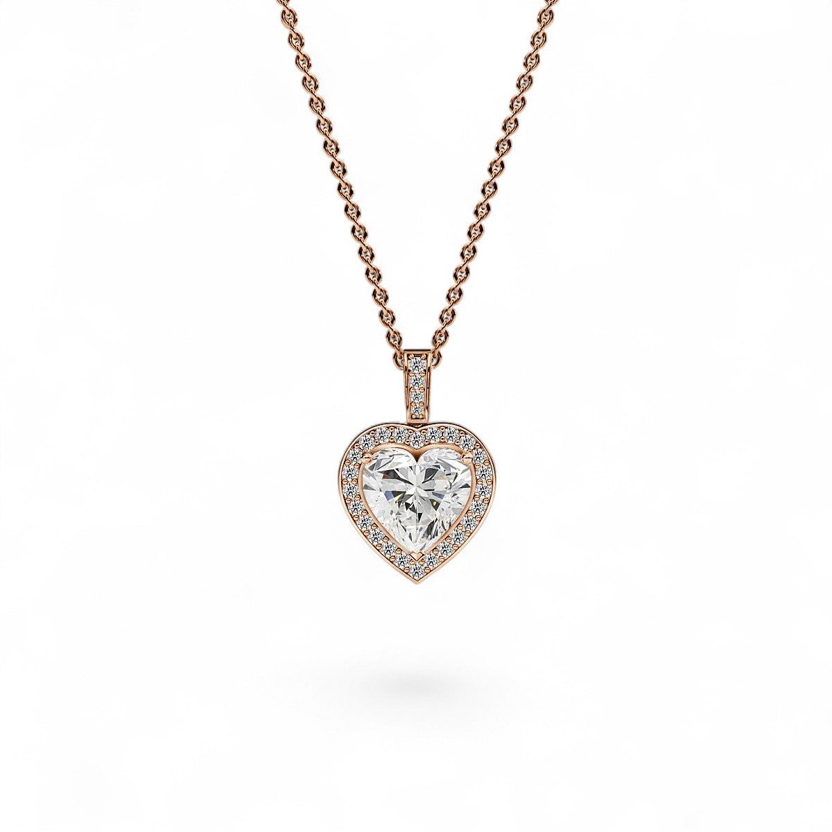 18K Rose Gold Heart - Shaped Lab Grown Diamond Halo Pendant Necklace 1.0 - 3.0ct - Triple