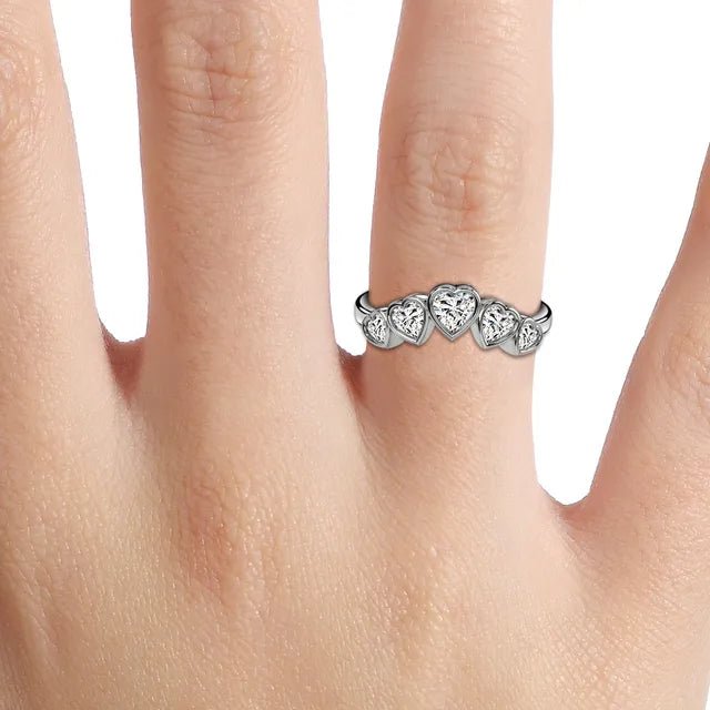 18K White Gold 5 Stone Heart - Shaped Lab Grown Diamond Half Eternity Ring 1.0 - 2.0ct - Triple