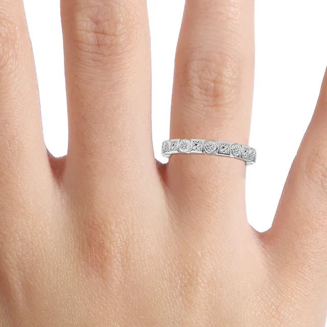 18K White Gold Bezel Set Round And Princess Cut Lab Grown Diamond Half Wedding Ring 1.0 - 2.0ct - Triple