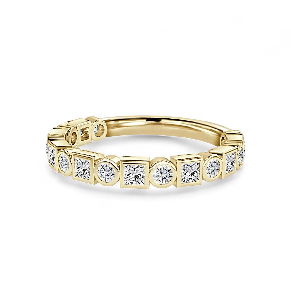 18K White Gold Bezel Set Round And Princess Cut Lab Grown Diamond Half Wedding Ring 1.0 - 2.0ct - Triple