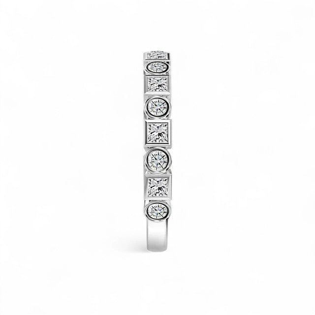 18K White Gold Bezel Set Round And Princess Cut Lab Grown Diamond Half Wedding Ring 1.0 - 2.0ct - Triple