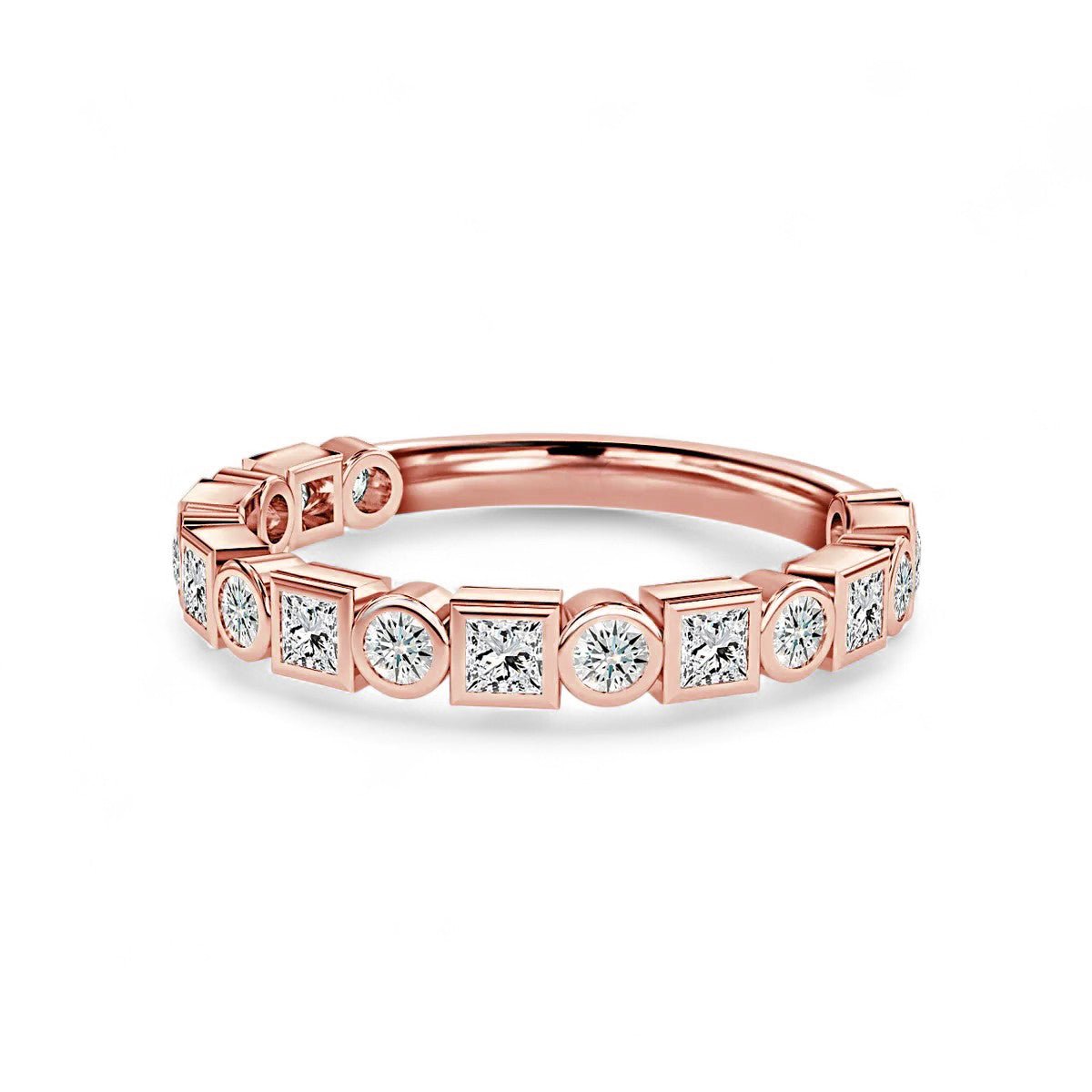 18K White Gold Bezel Set Round And Princess Cut Lab Grown Diamond Half Wedding Ring 1.0 - 2.0ct - Triple