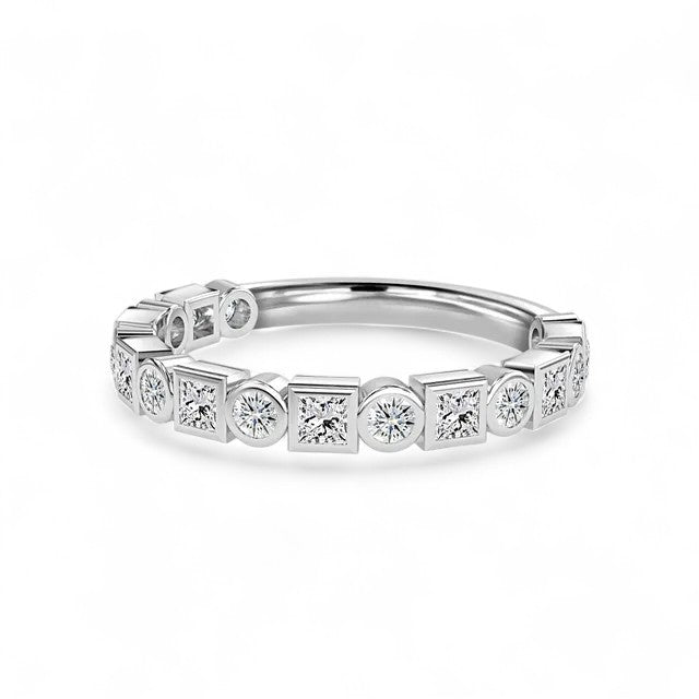 18K White Gold Bezel Set Round And Princess Cut Lab Grown Diamond Half Wedding Ring 1.0 - 2.0ct - Triple