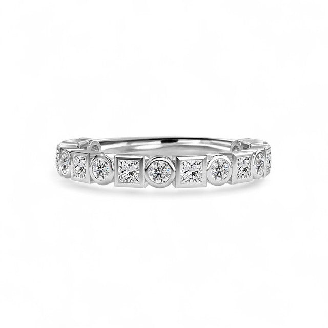18K White Gold Bezel Set Round And Princess Cut Lab Grown Diamond Half Wedding Ring 1.0 - 2.0ct - Triple