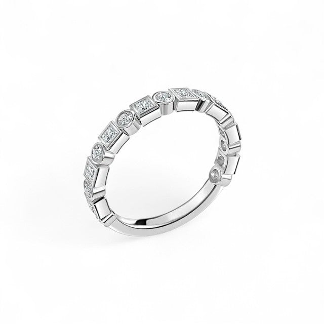 18K White Gold Bezel Set Round And Princess Cut Lab Grown Diamond Half Wedding Ring 1.0 - 2.0ct - Triple