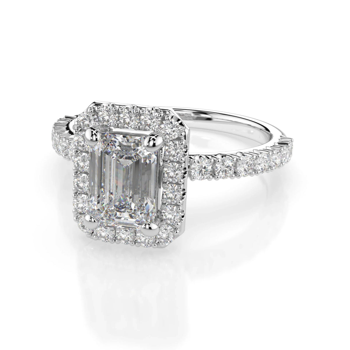18K White Gold Emerald Cut Lab Grown Diamond High Halo Engagement Ring 1.0 - 2.0ct - Triple