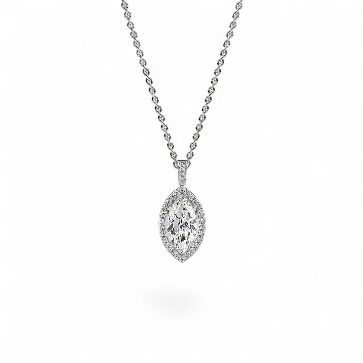 18K White Gold Marquise Cut Lab Grown Diamond Halo Pendant Necklace 1.0 - 3.0ct - Triple