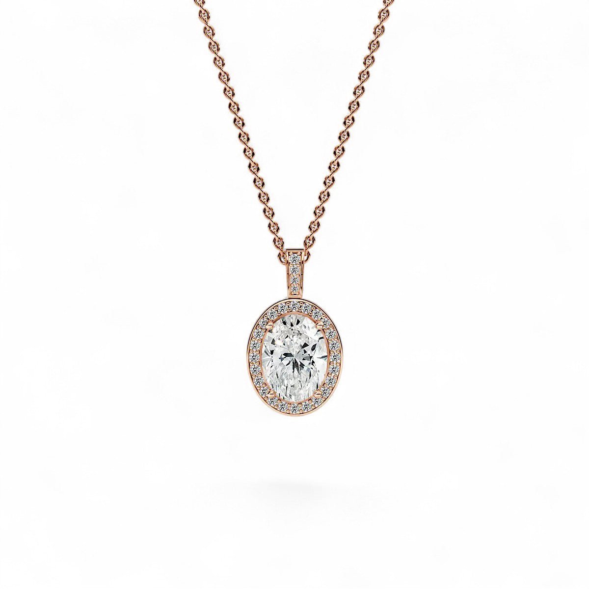 18K White Gold Oval Cut Lab Grown Diamond Halo Pendant Necklace 1.0 - 3.0ct - Triple
