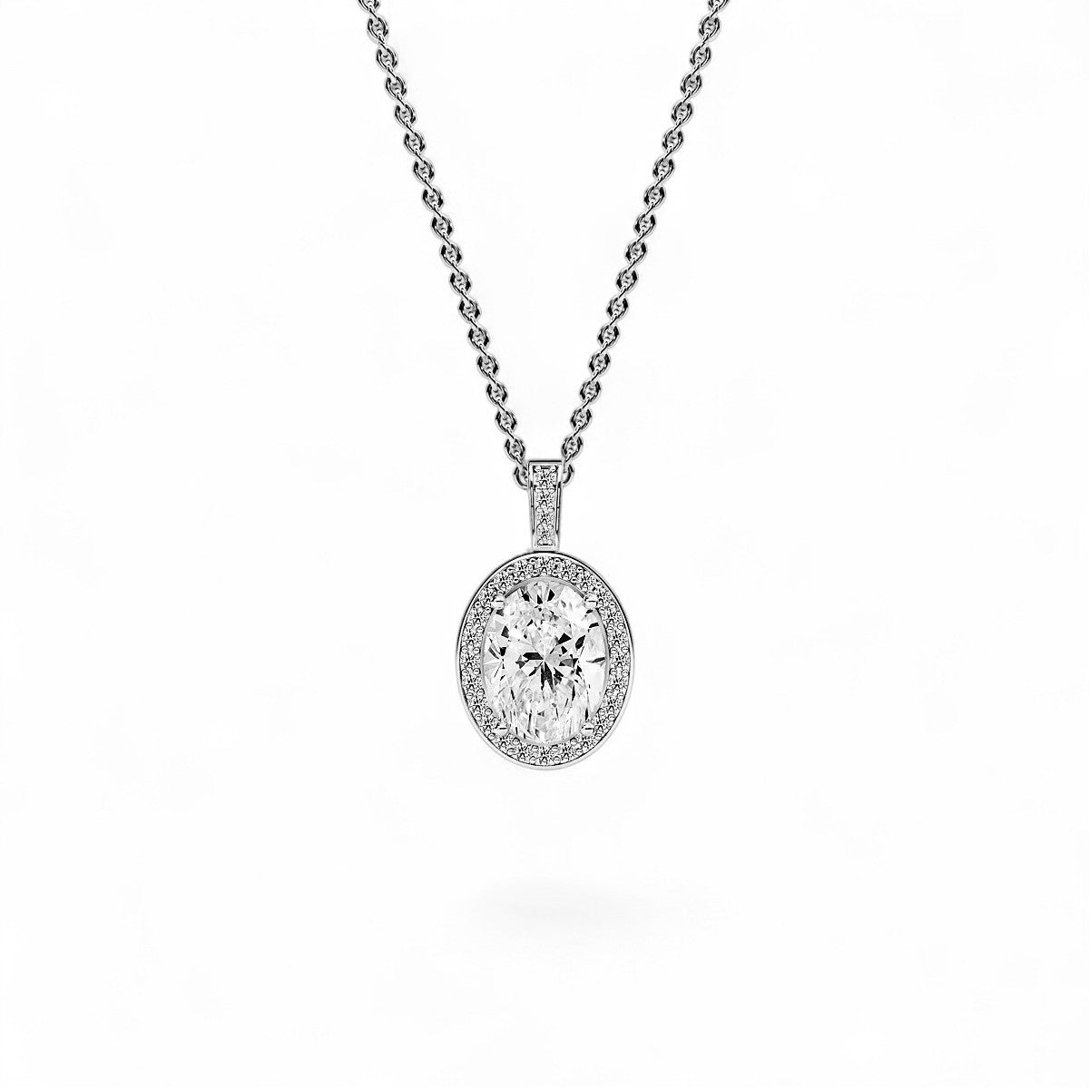 18K White Gold Oval Cut Lab Grown Diamond Halo Pendant Necklace 1.0 - 3.0ct - Triple