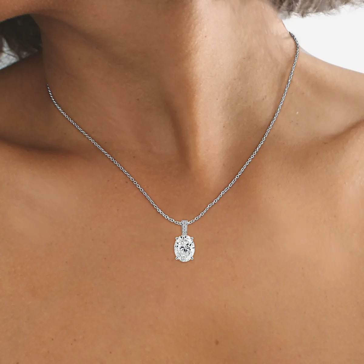 18K White Gold Oval Cut Lab Grown Diamond Pendant Necklace 1.0 - 3.0ct - Triple