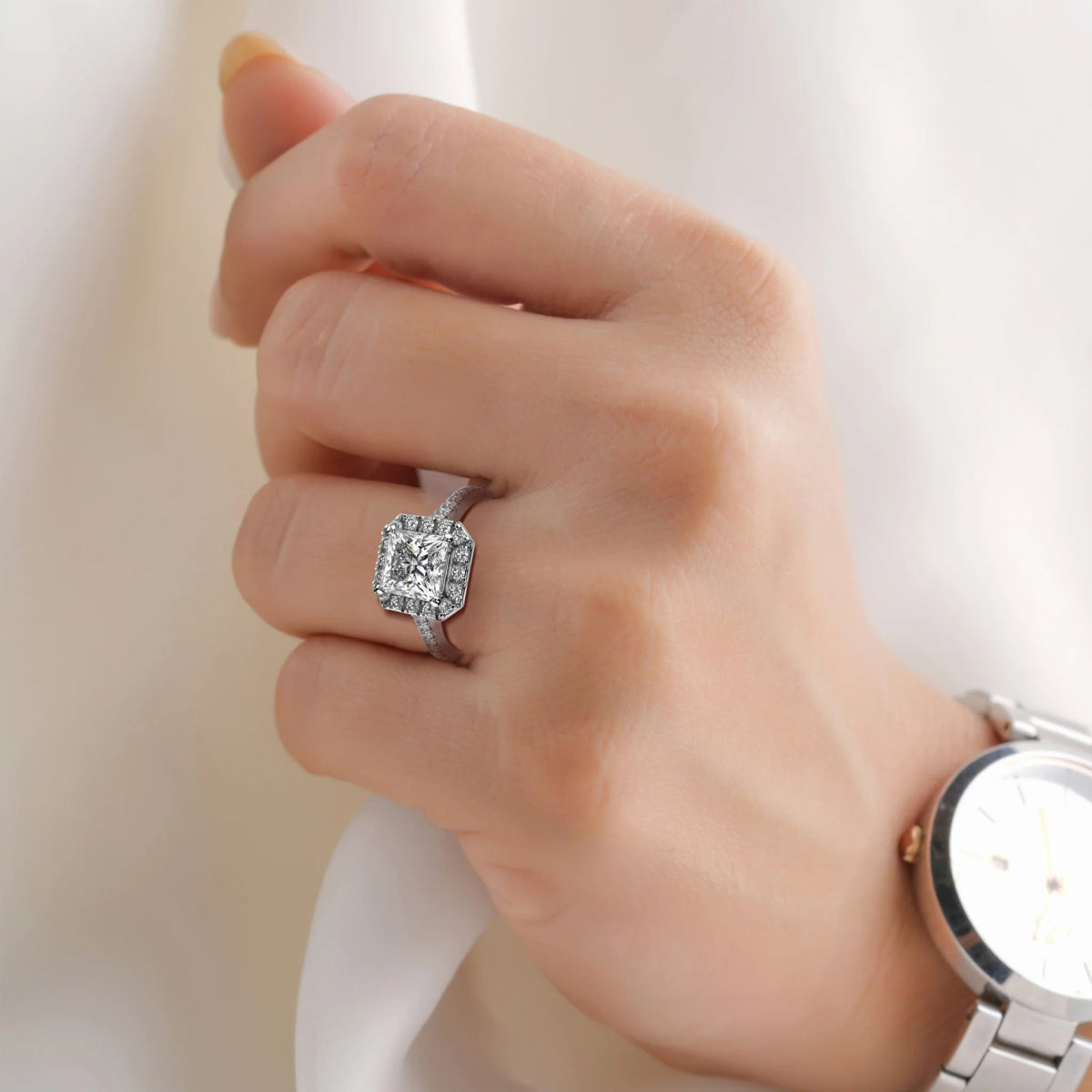 18K White Gold Princess Cut Lab Grown Diamond Halo Engagement Ring 1.0 - 2.0ct - Triple