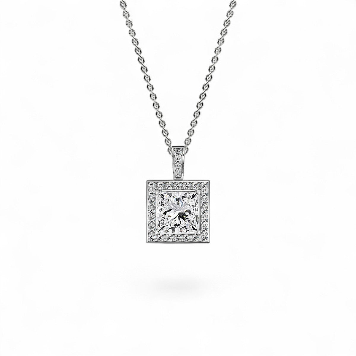 18K White Gold Princess Cut Lab Grown Diamond Halo Pendant Necklace 1.0 - 3.0ct - Triple