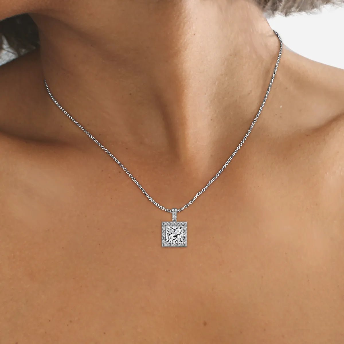 18K White Gold Princess Cut Lab Grown Diamond Halo Pendant Necklace 1.0 - 3.0ct - Triple