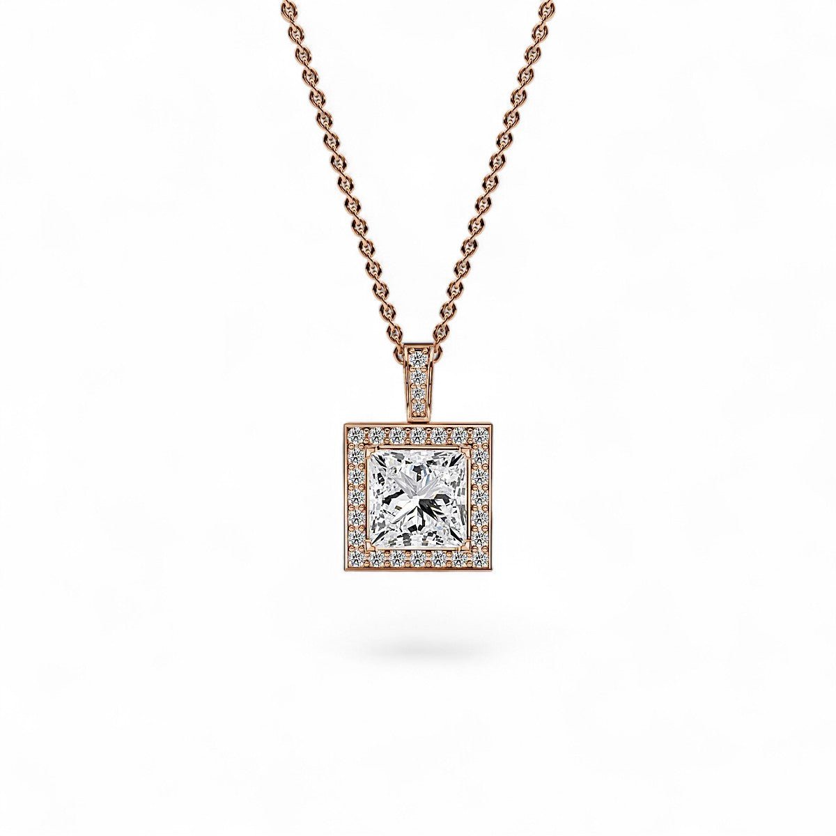 18K White Gold Princess Cut Lab Grown Diamond Halo Pendant Necklace 1.0 - 3.0ct - Triple