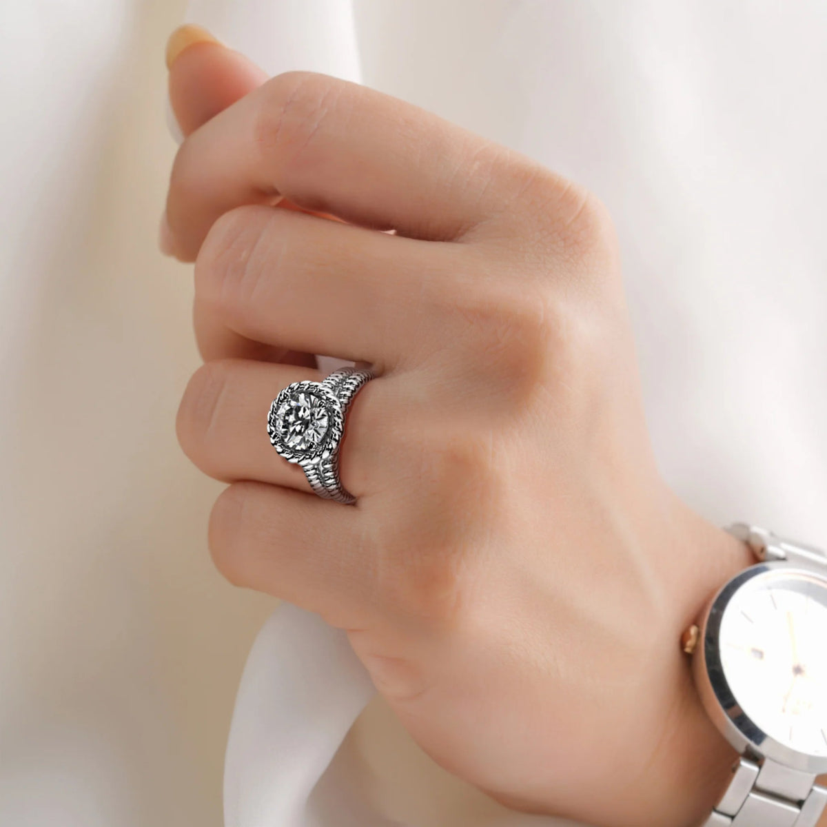 18K White Gold Round Brilliant Lab Grown Diamond Braided Rope Solitaire Ring 1.0 - 2.0ct - Triple