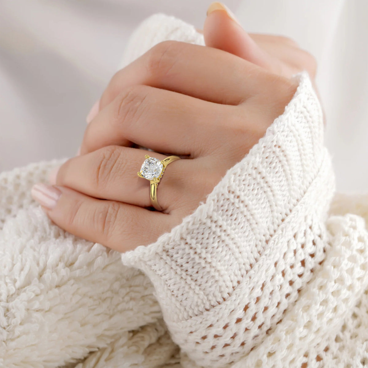 18K Yellow Classic Hidden Halo Cushion Cut Lab Grown Diamond Engagement Ring 1.0 - 2.0ct - Triple