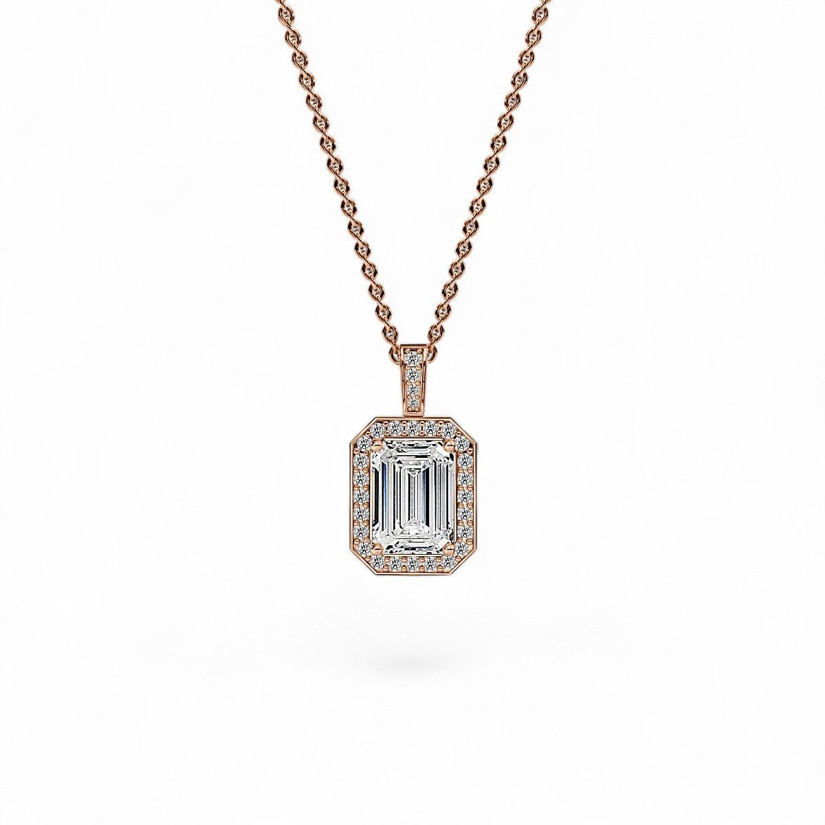18K Yellow Gold Emerald Cut Lab Grown Diamond Halo Pendant Necklace 1.0 - 3.0ct - Triple