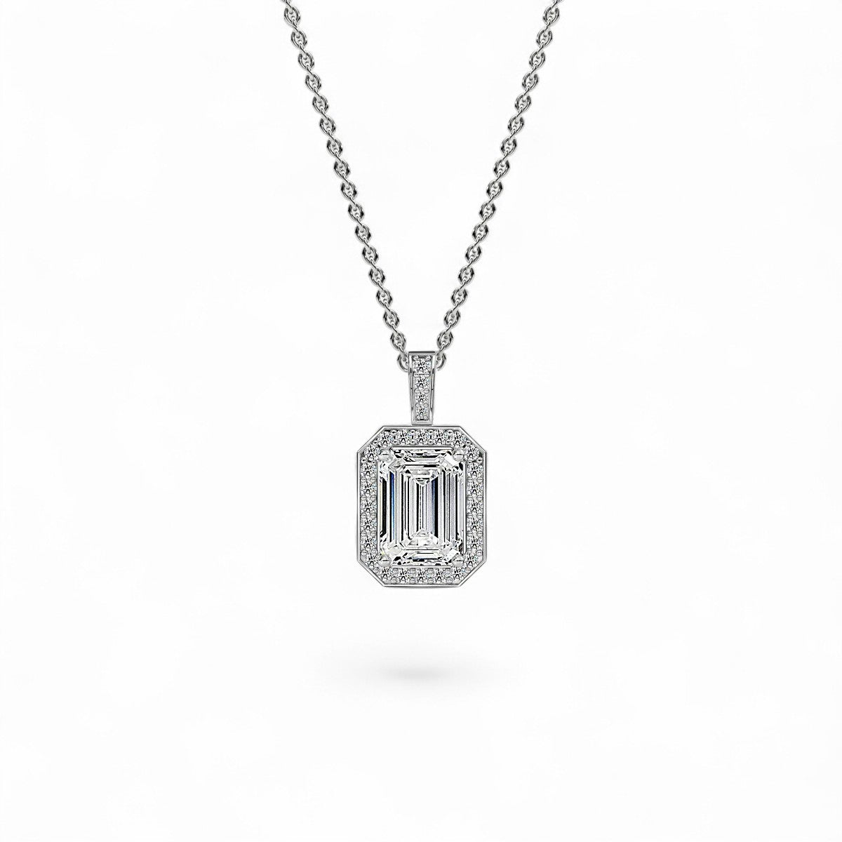 18K Yellow Gold Emerald Cut Lab Grown Diamond Halo Pendant Necklace 1.0 - 3.0ct - Triple