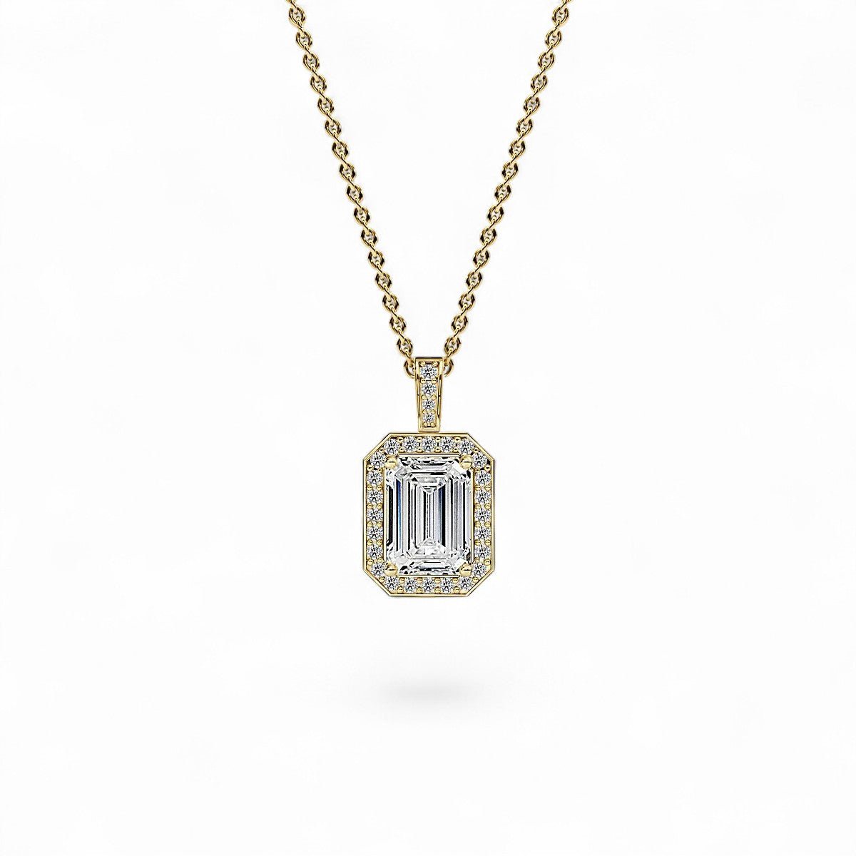 18K Yellow Gold Emerald Cut Lab Grown Diamond Halo Pendant Necklace 1.0 - 3.0ct - Triple