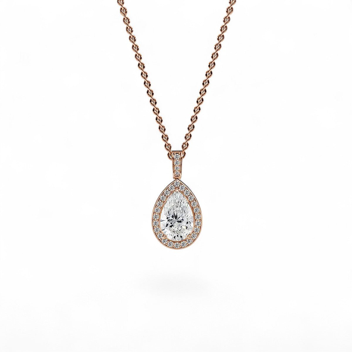 18K Yellow Gold Pear Cut Lab Grown Diamond Halo Pendant Necklace 1.0 - 3.0ct - Triple