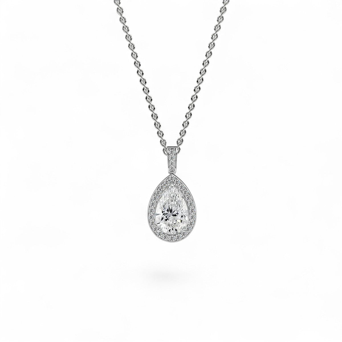 18K Yellow Gold Pear Cut Lab Grown Diamond Halo Pendant Necklace 1.0 - 3.0ct - Triple