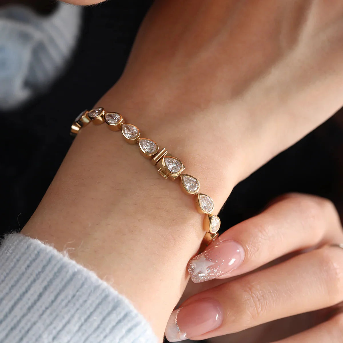 Pear Cut Bezel Set Lab Grown Diamond Tennis Bracelet Teardrop Triple Jewelry