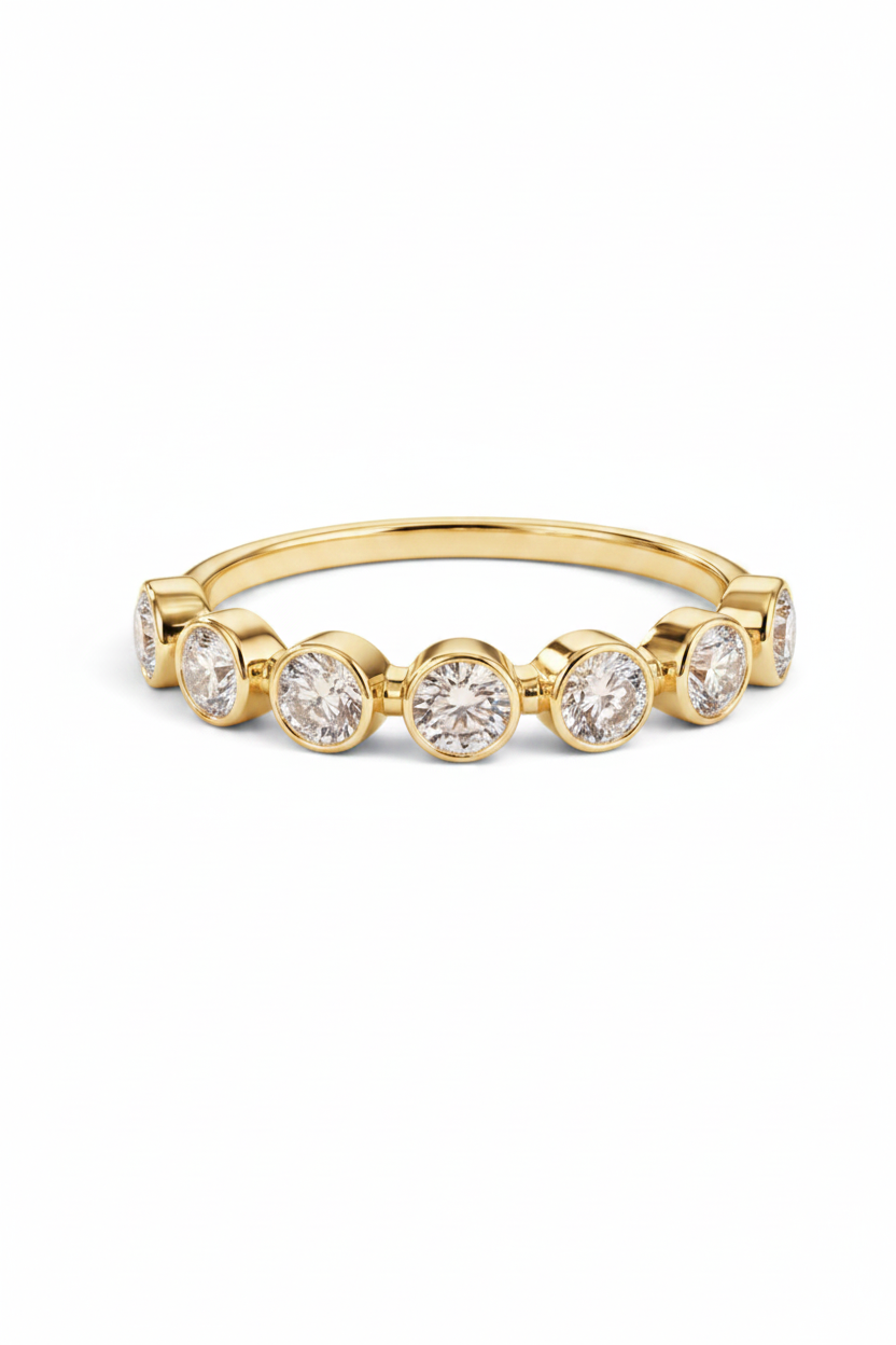 Bezel Set Round Lab Grown Diamond Half Eternity Band Ring 14K/18K Solid Gold | Triple Jewelry