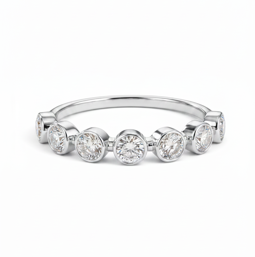 Bezel Set Round Lab Grown Diamond Half Eternity Band Ring 14K/18K Solid Gold | Triple Jewelry