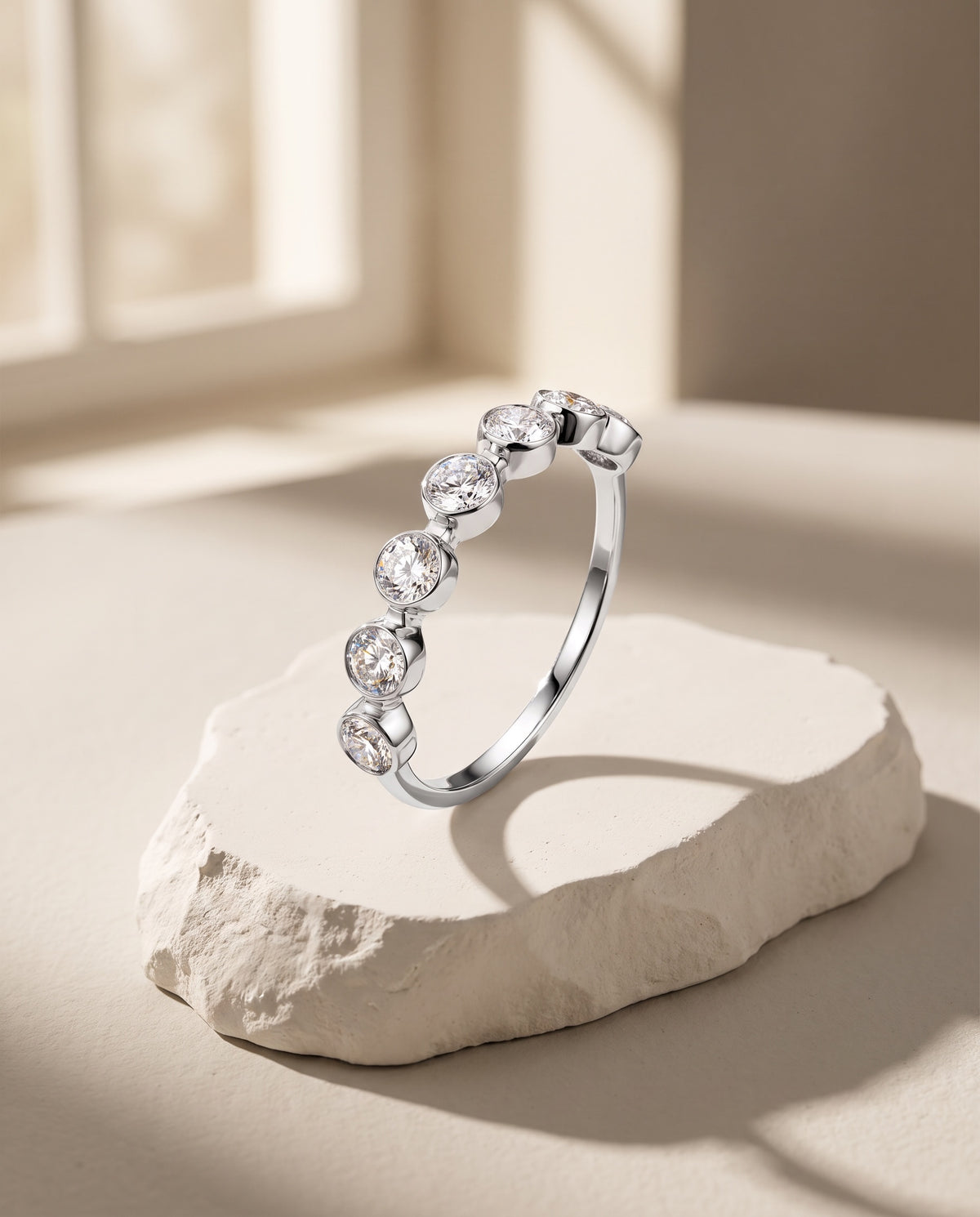 Bezel Set Round Lab Grown Diamond Half Eternity Band Ring 14K/18K Solid Gold | Triple Jewelry