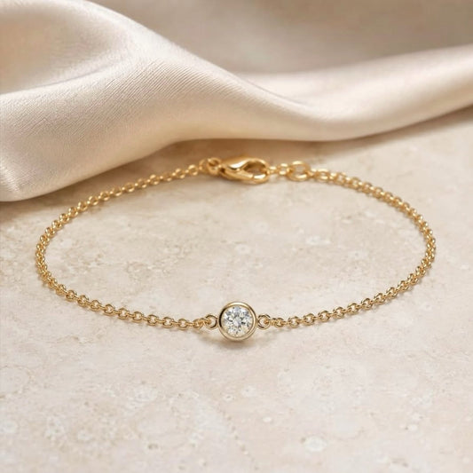 Classic 18K Gold Bezel-Set Solitaire Lab Grown Diamond Bracelet DE VVS 0.3ct - 1.5ct with Adjustable Chain - Triple Jewelry