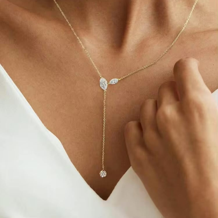 馬眼形羽葉Y字鏈 18K金培育鑽石懸垂項鏈 | Triple Jewelry