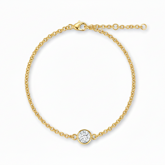 Classic 18K Gold Bezel-Set Solitaire Lab Grown Diamond Bracelet DE VVS 0.3ct - 1.5ct with Adjustable Chain - Triple Jewelry