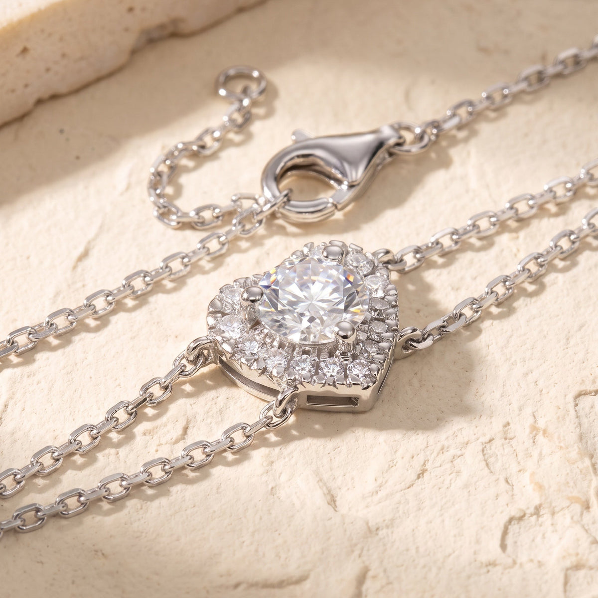 Round Diamond Heart Halo Double Chain Lab Grown Diamond Bracelet - Triple Jewelry