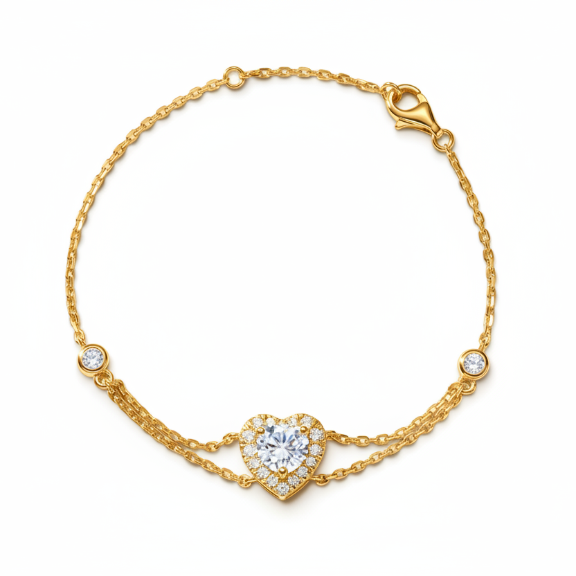 Round Diamond Heart Halo Double Chain Lab Grown Diamond Bracelet - Triple Jewelry