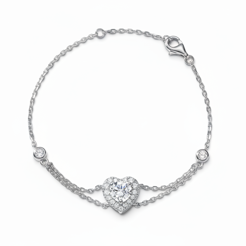 Round Diamond Heart Halo Double Chain Lab Grown Diamond Bracelet - Triple Jewelry
