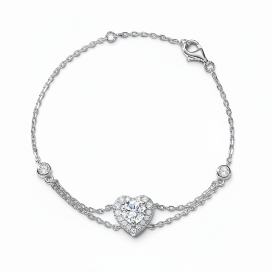 Round Diamond Heart Halo Double Chain Lab Grown Diamond Bracelet - Triple Jewelry