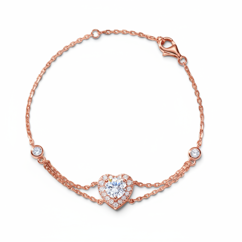 Round Diamond Heart Halo Double Chain Lab Grown Diamond Bracelet - Triple Jewelry