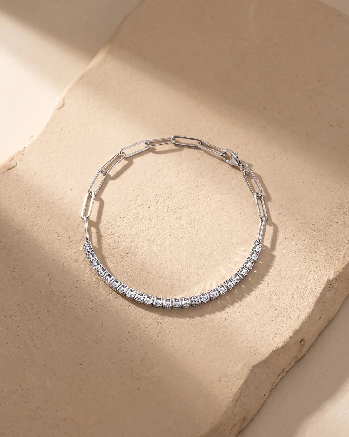 Round Lab Grown Diamond Tennis Paperclip Half Chain Bracelet | Triple Jewelry