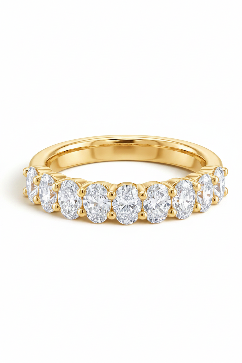 Oval Cut Shared Prong Lab Grown Diamond Half Eternity Band Ring 14K/18K Solid Gold | Triple Jewelry