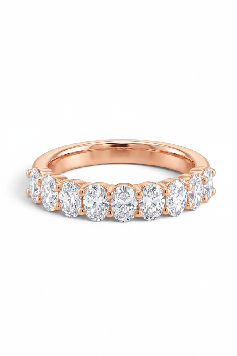 Oval Cut Shared Prong Lab Grown Diamond Half Eternity Band Ring 14K/18K Solid Gold | Triple Jewelry