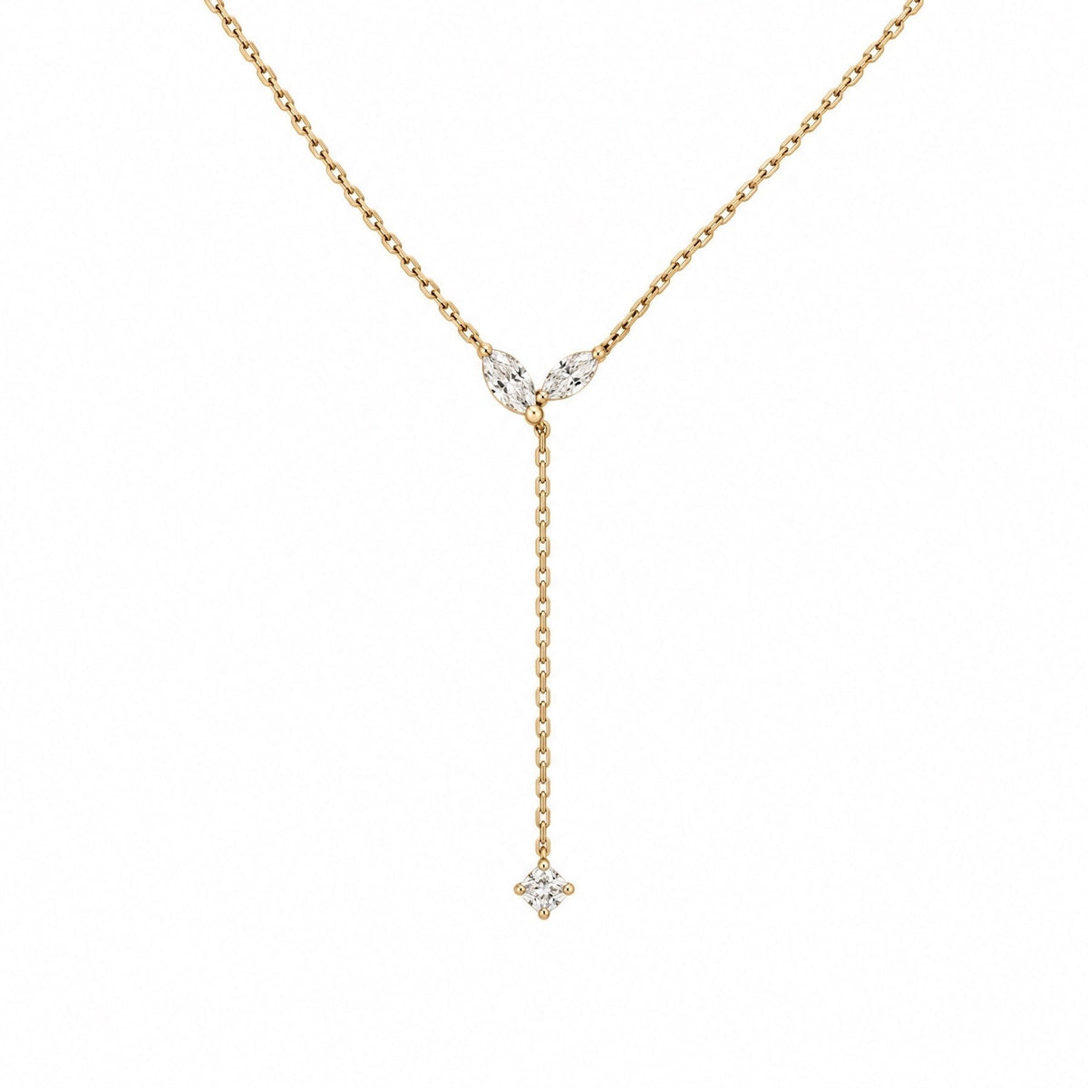 Triple Jewelry 馬眼形葉片實驗室培育鑽石 Y 型套索項鍊，採用精緻金色鍊條與圓形鑽石墜飾。